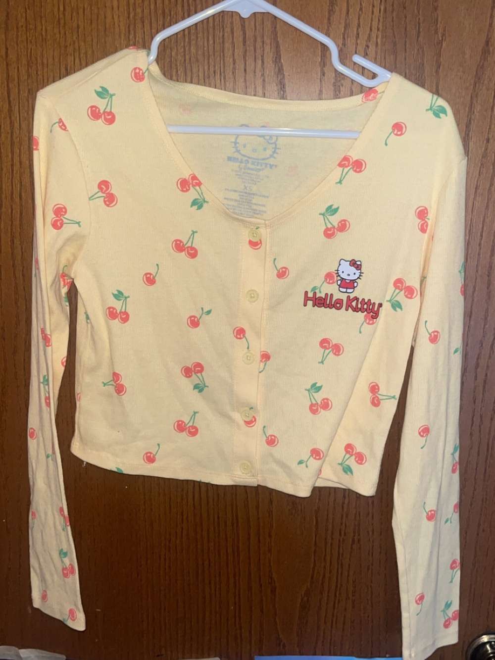 Hello Kitty womans Yellow Cherry Print Button-Front Top
